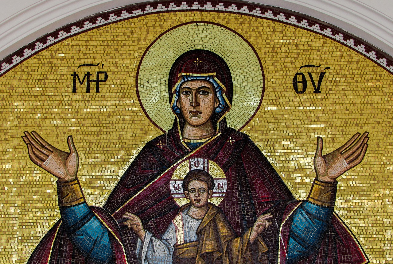 lintel virgin mary and jesus panagia free photo