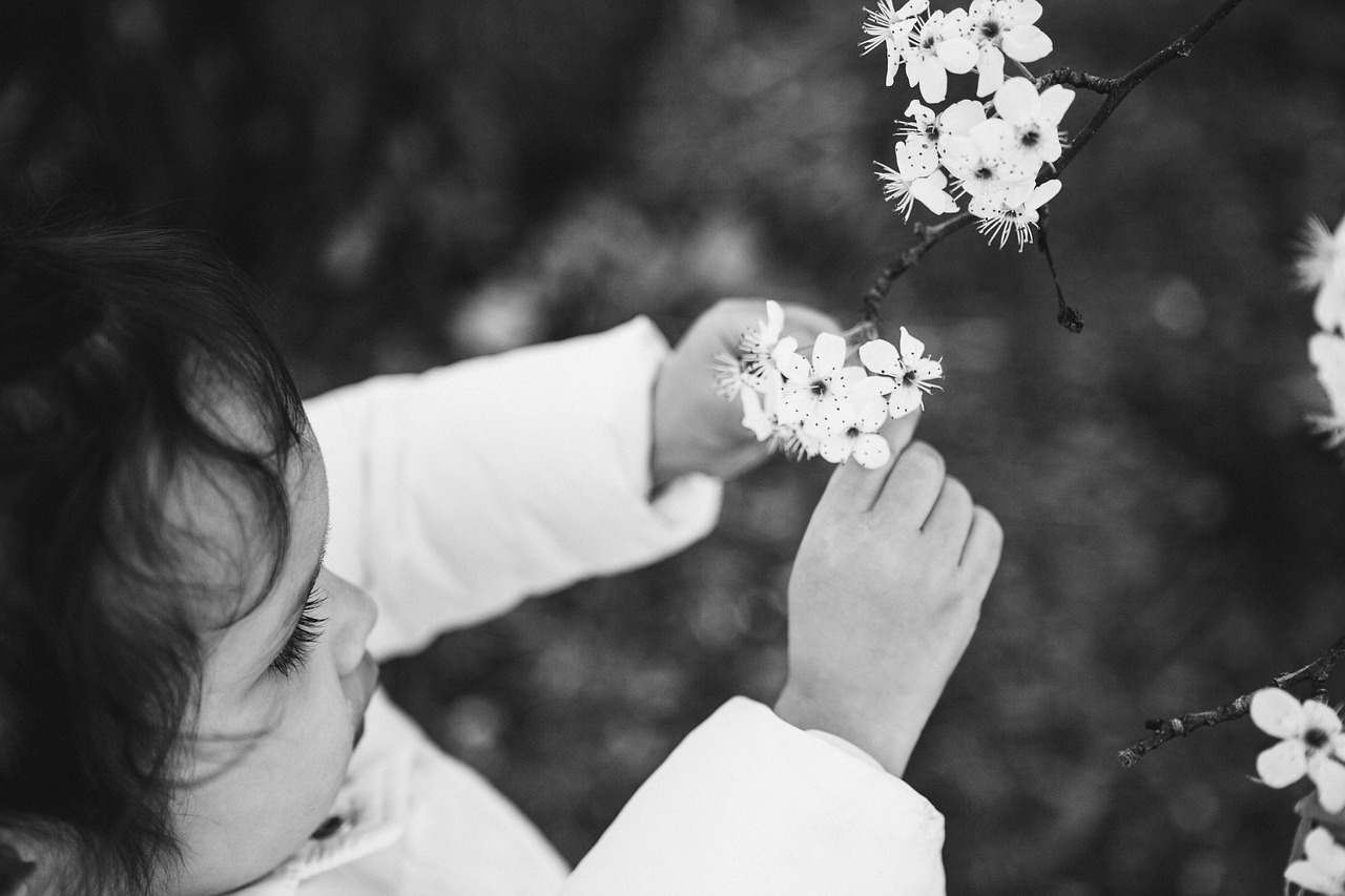 little girl and flower white flower black and white free photo