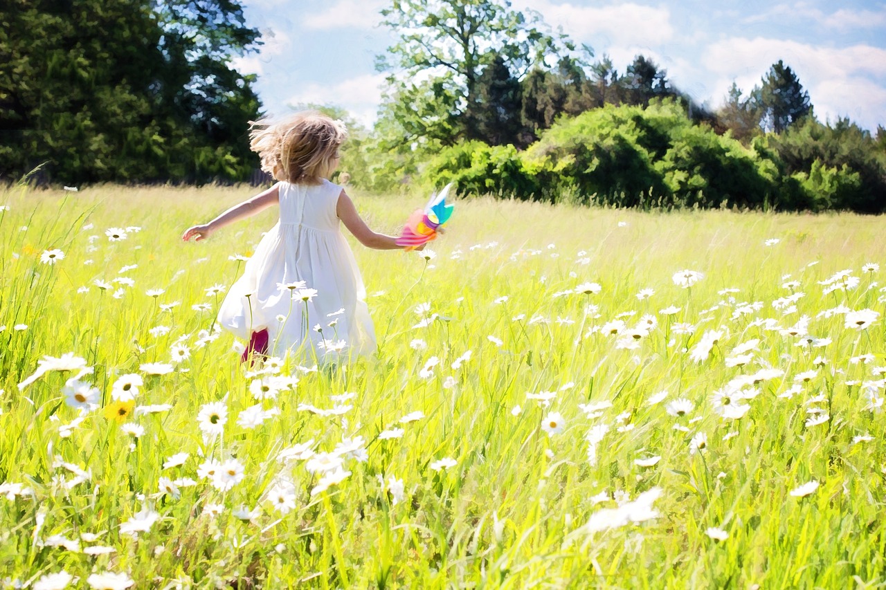 little girl running daisies nature free photo