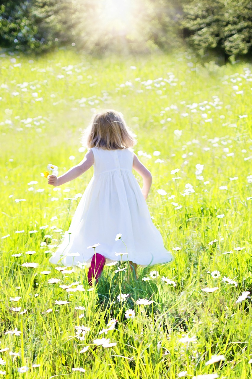 little girl running daisies nature free photo