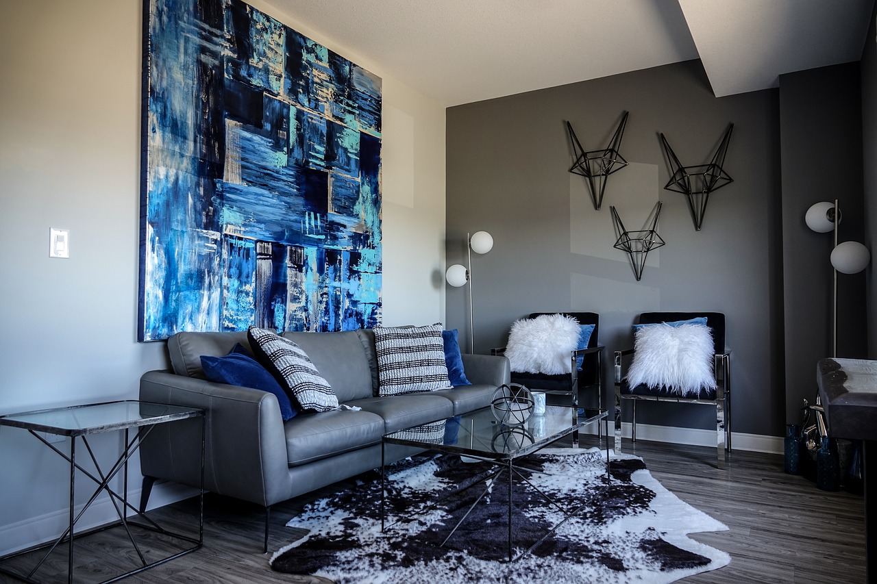 living room  blue  blue painting free photo