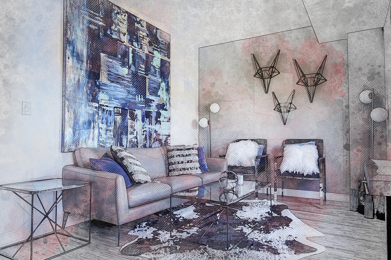 living room  blue  blue painting free photo