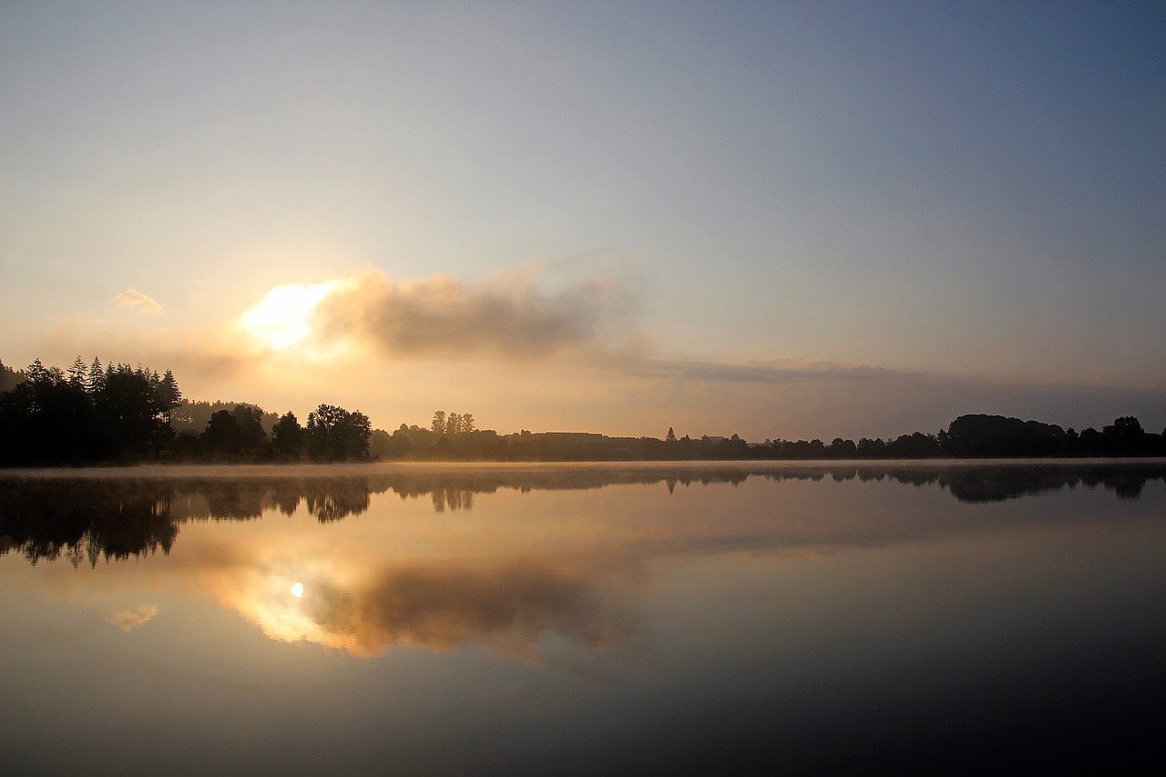 losheimer reservoir silent lake morning sun free photo