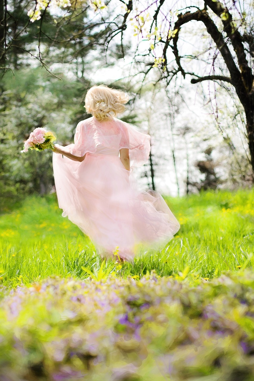 lovely woman pink dress running free photo