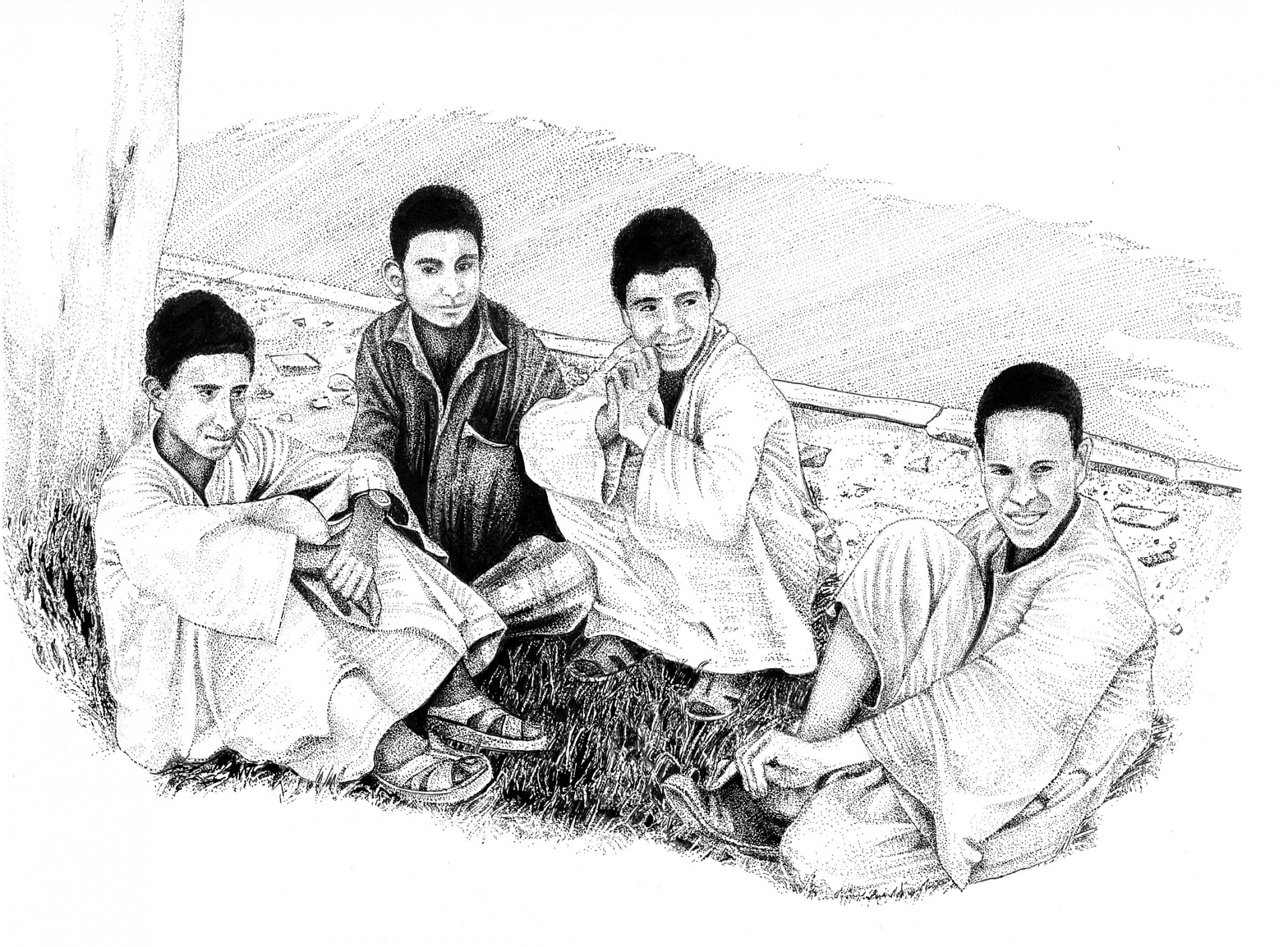 black ink drawing local boys lads free photo
