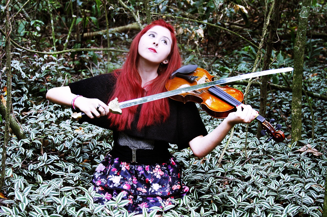 lyzz hana woman and violin music in the forest free photo