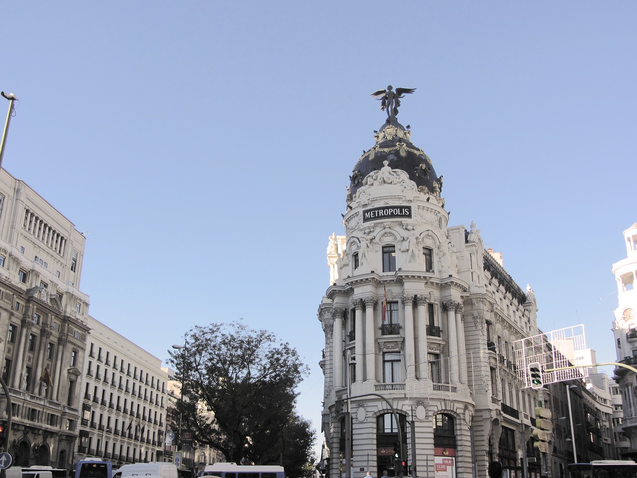 Madrid City Skyline Gran Via Street Twilight Spain Stock Photo