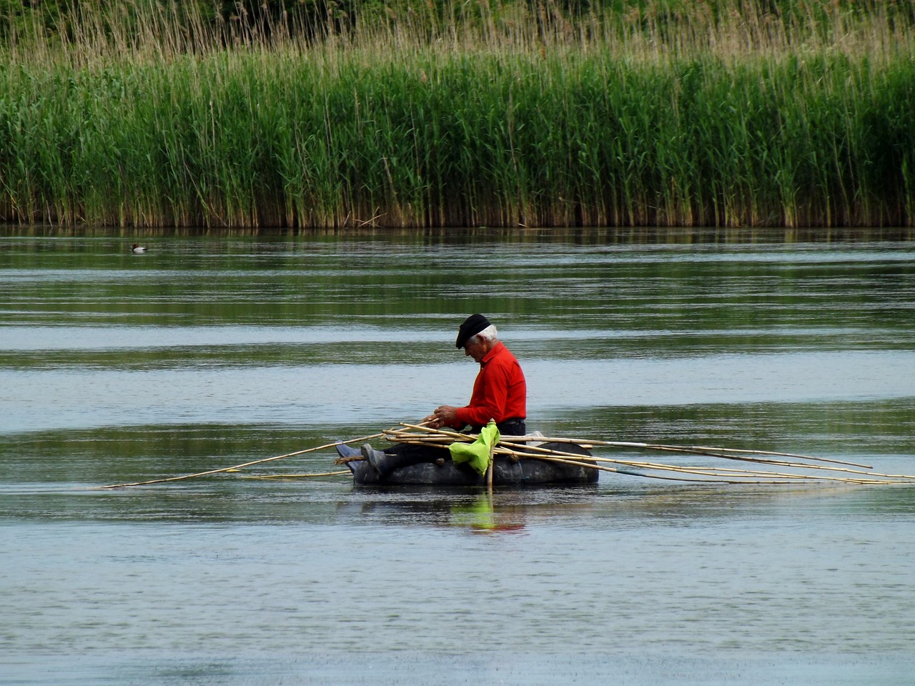 man boat lake free photo