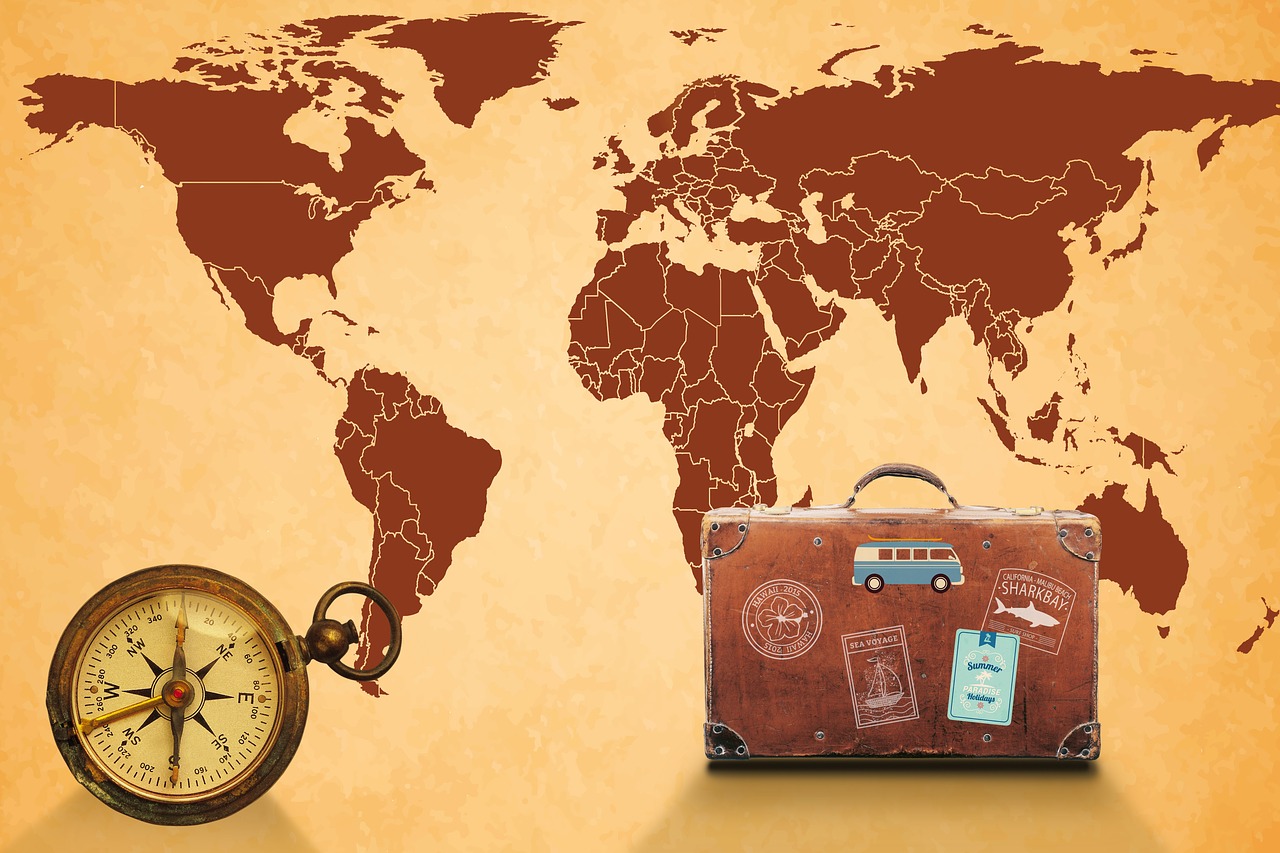 map of the world compass luggage free photo