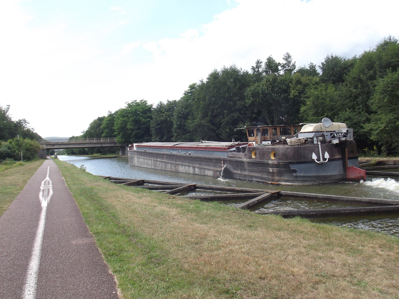 marne rhine canal cycle path barge free photo