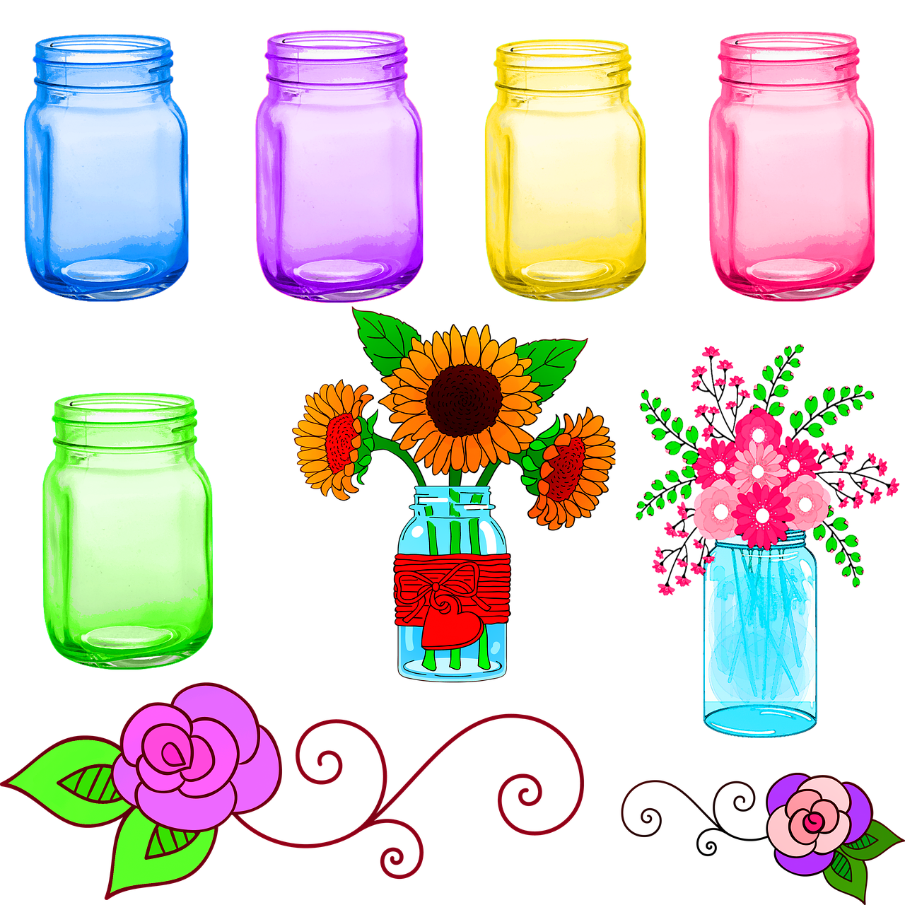 mason jars  colorful  flowers free photo