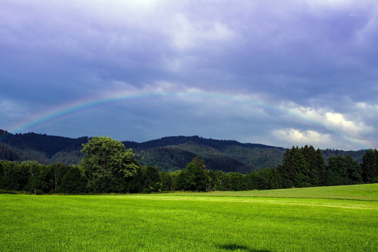 meadow clouds rainbow free photo