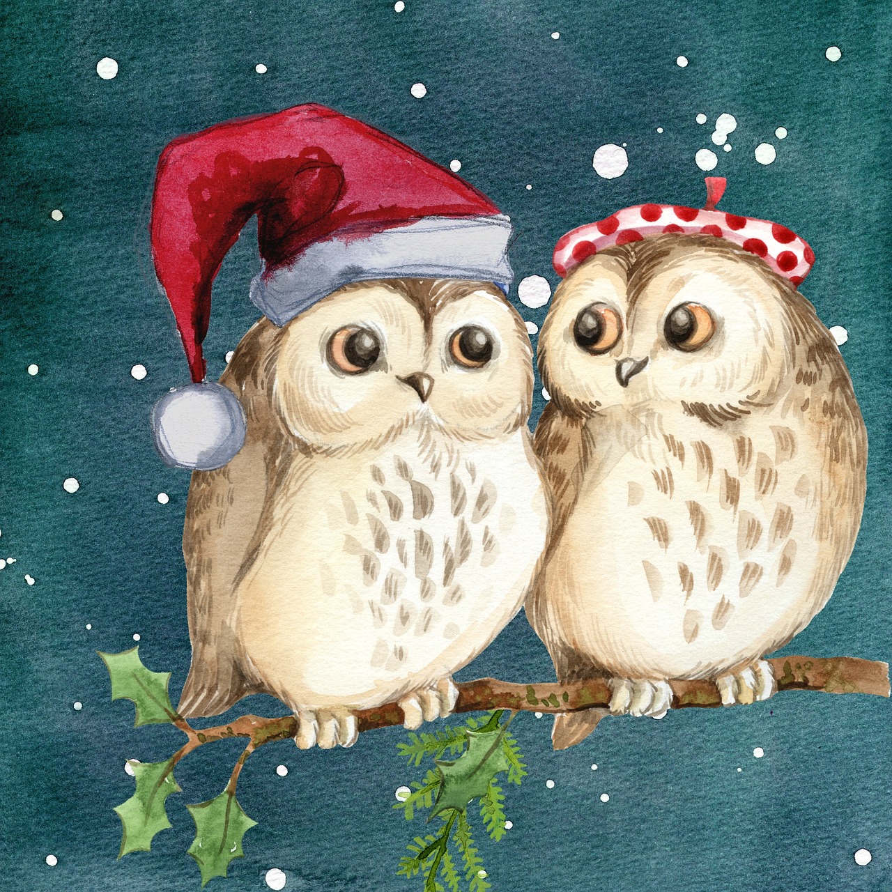 merry christmas owls watercolor free photo