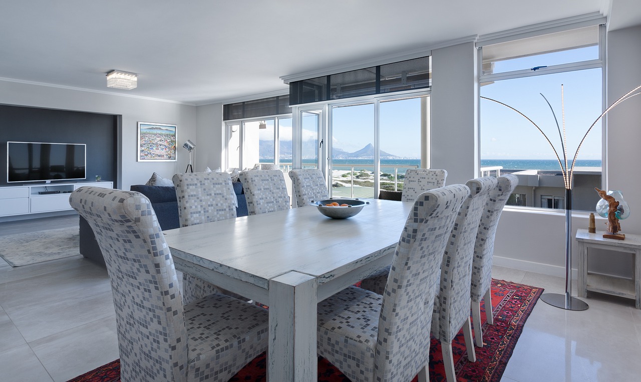 modern minimalist dining room open plan sea view free photo
