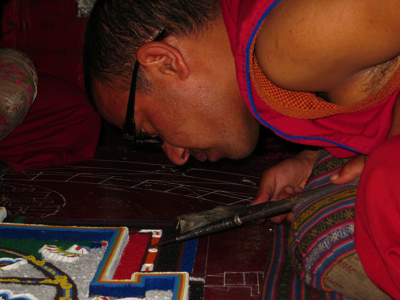 monk preparing mandala mandala spituk monastery free photo