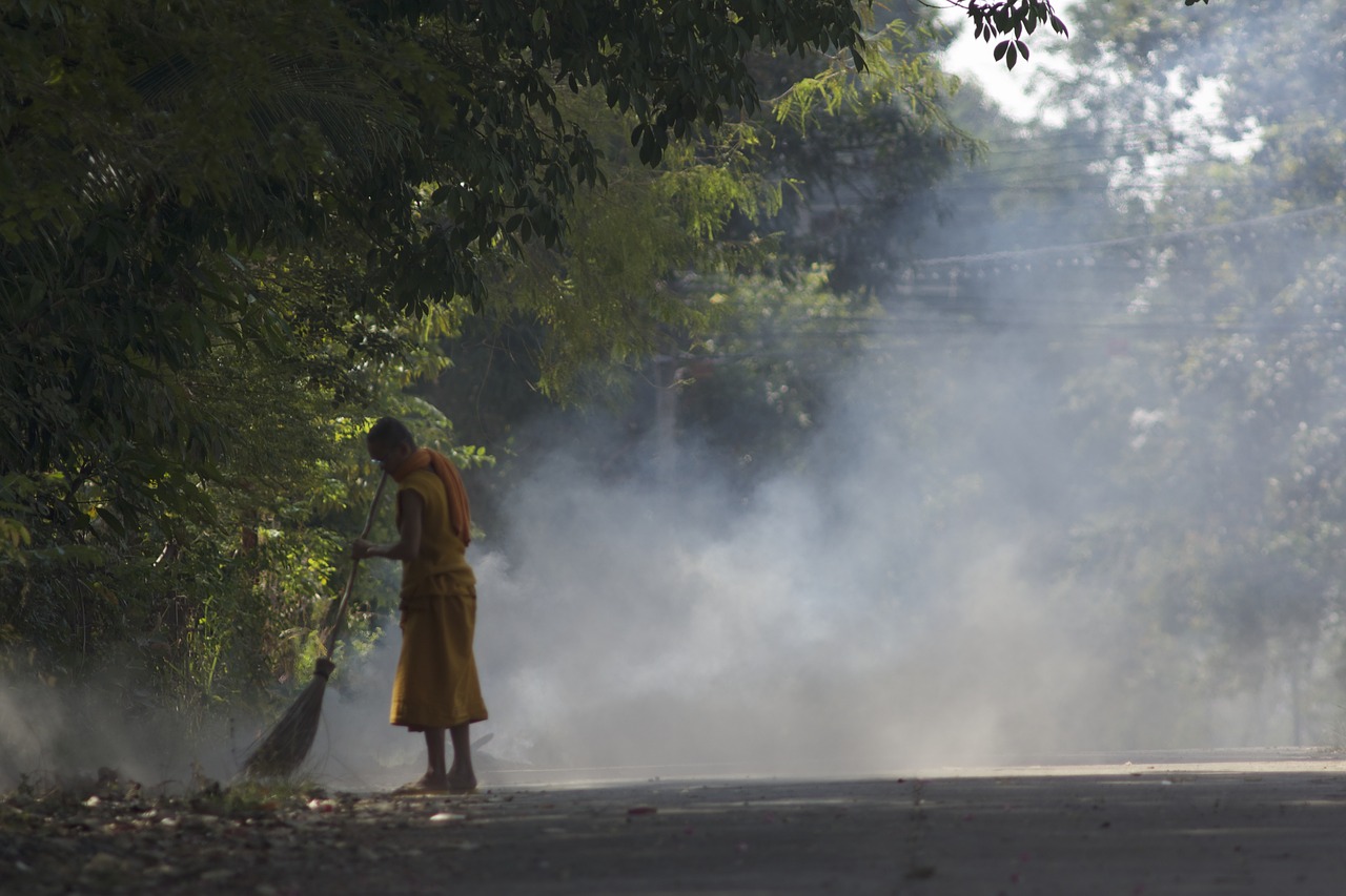 monks  sweep the yard  buddhism free photo