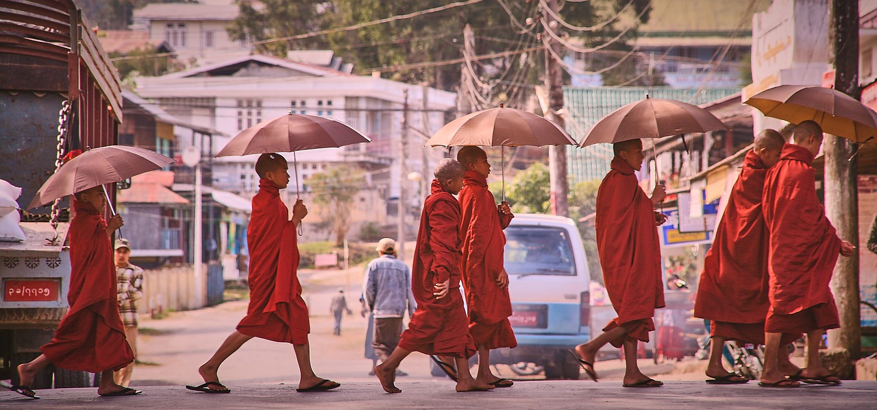 monks  umbrella  road free photo