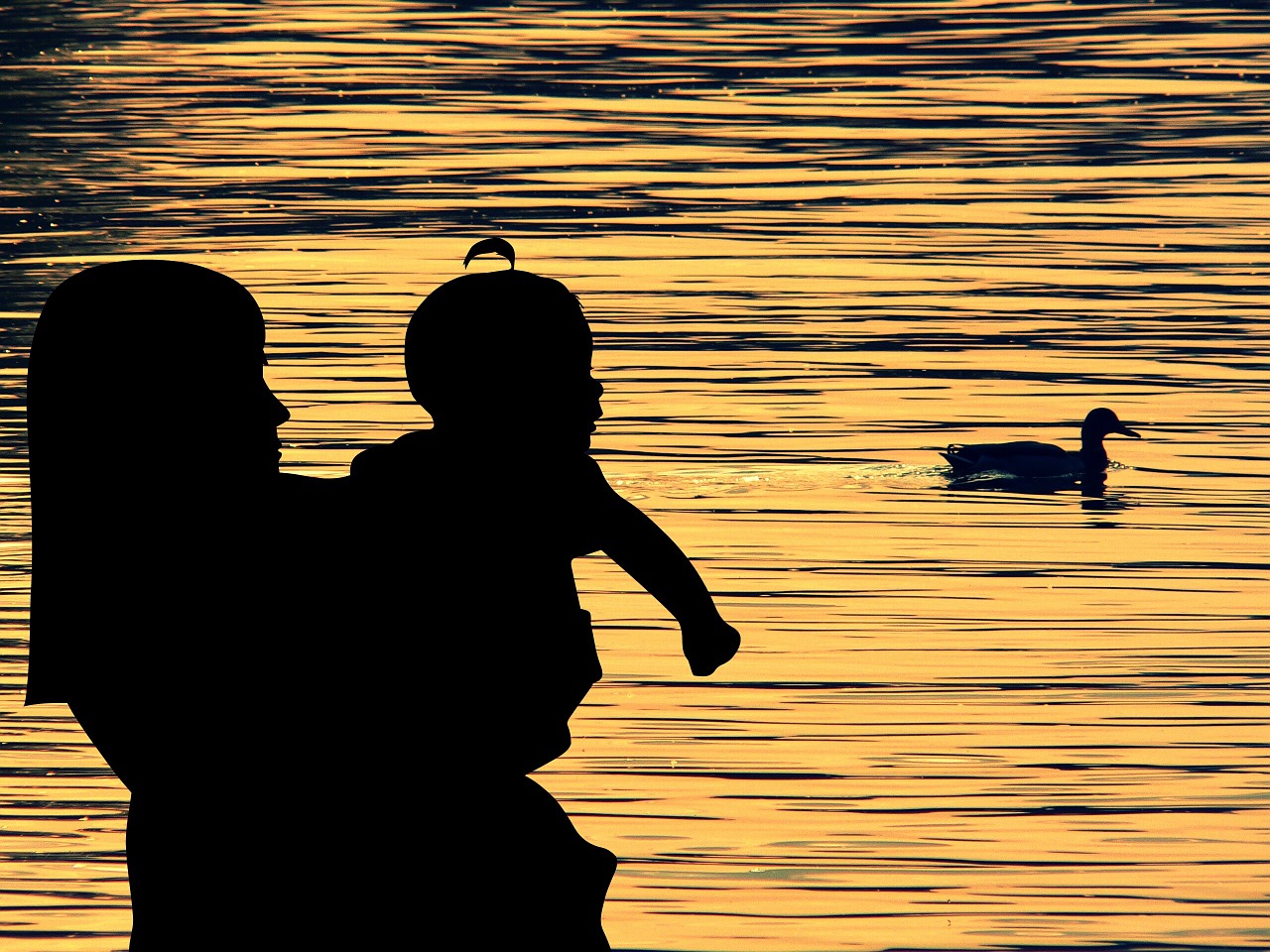 mother child silhouette lake free photo