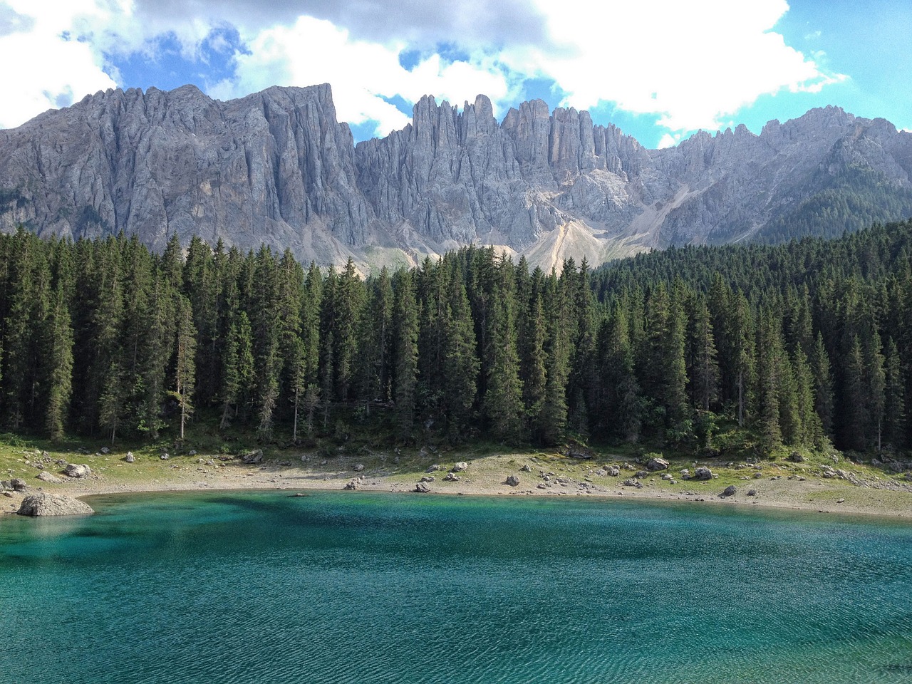 lake carezza dolomites forest free photo