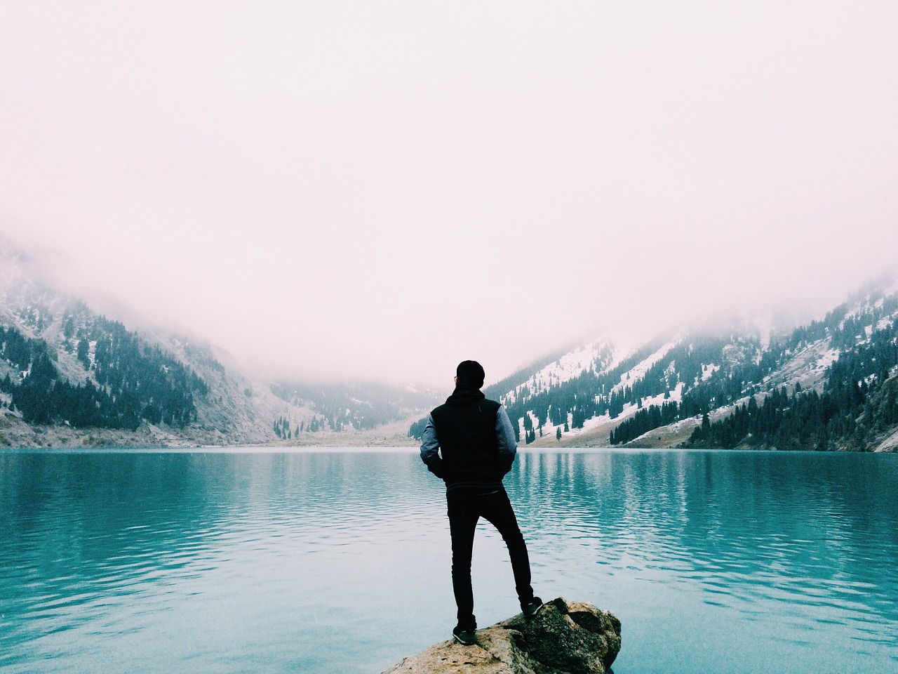 mountain lake person looking free photo