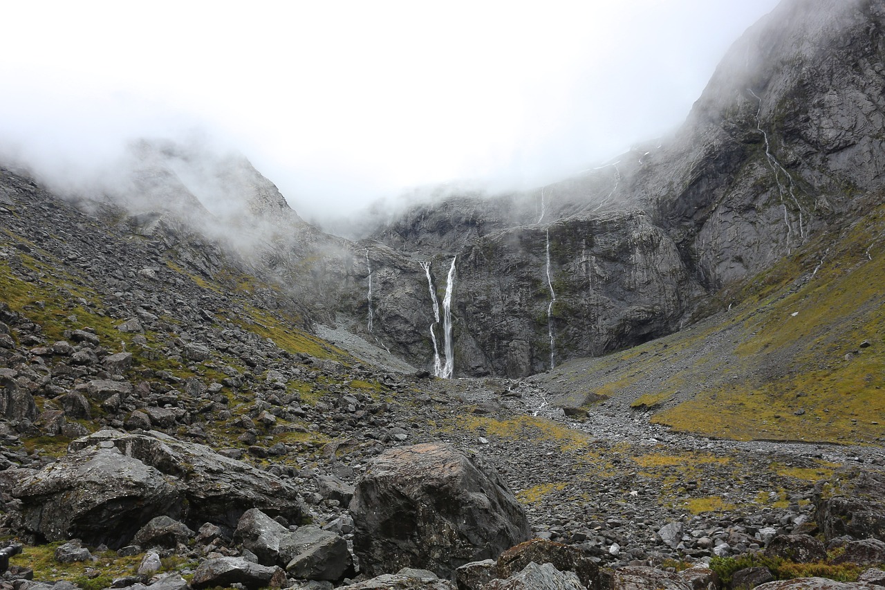 mountains waterfall fog free photo