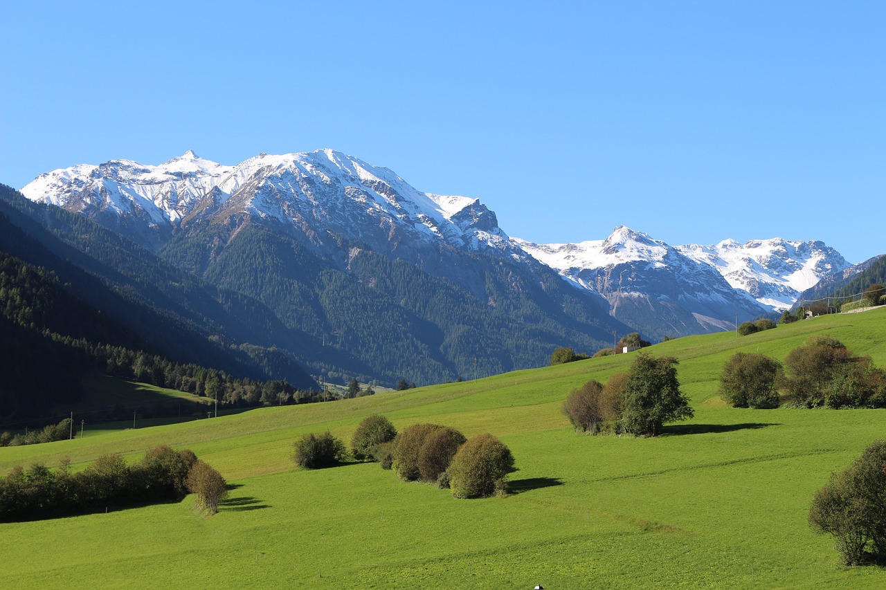 mountains  blue sky  green meadow free photo