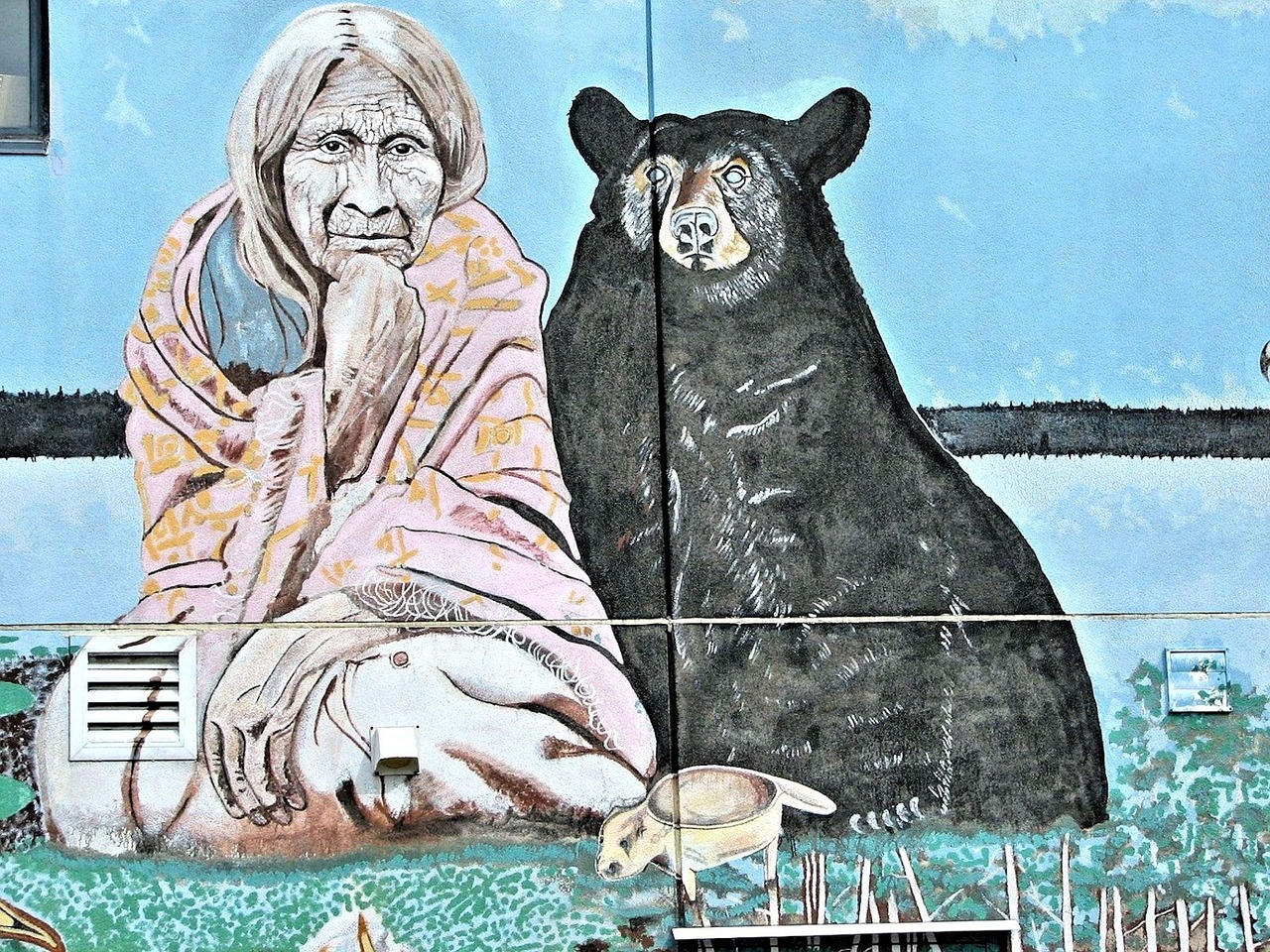 mural native indian woman black bear free photo