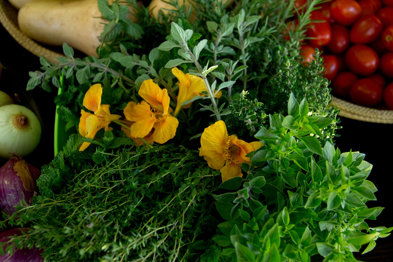 nasturtium thyme herbs free photo