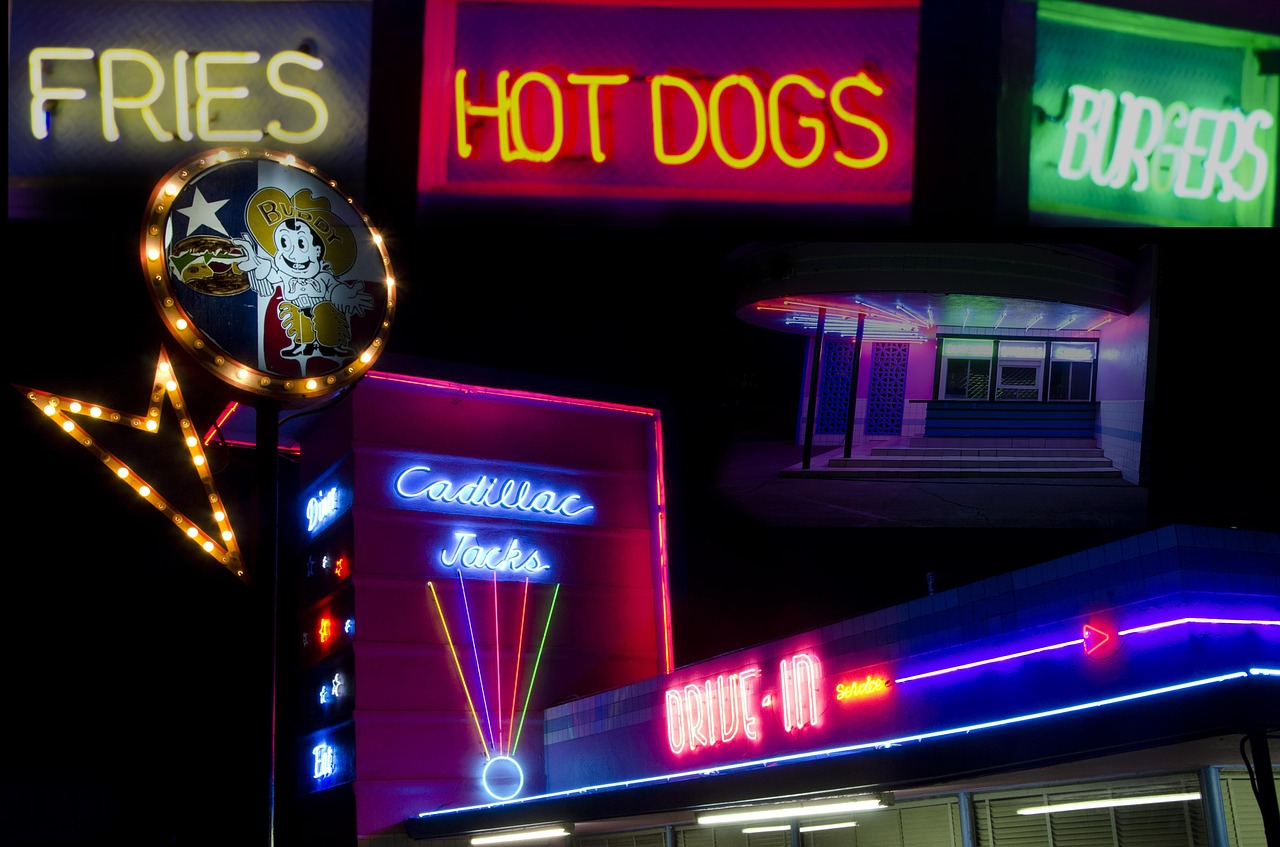 night neon signs hot dogs free photo