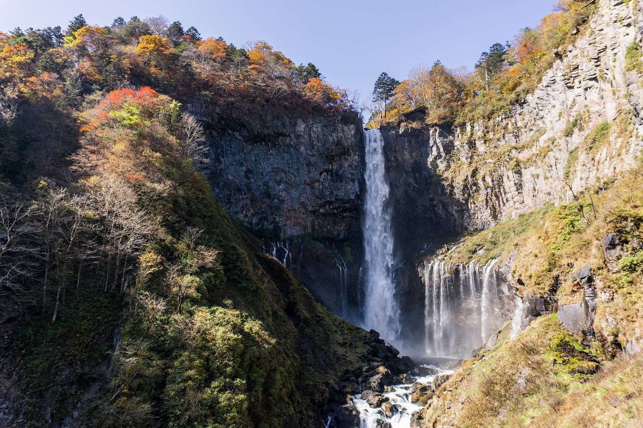 nikko kegon waterfall autumn leaves free photo
