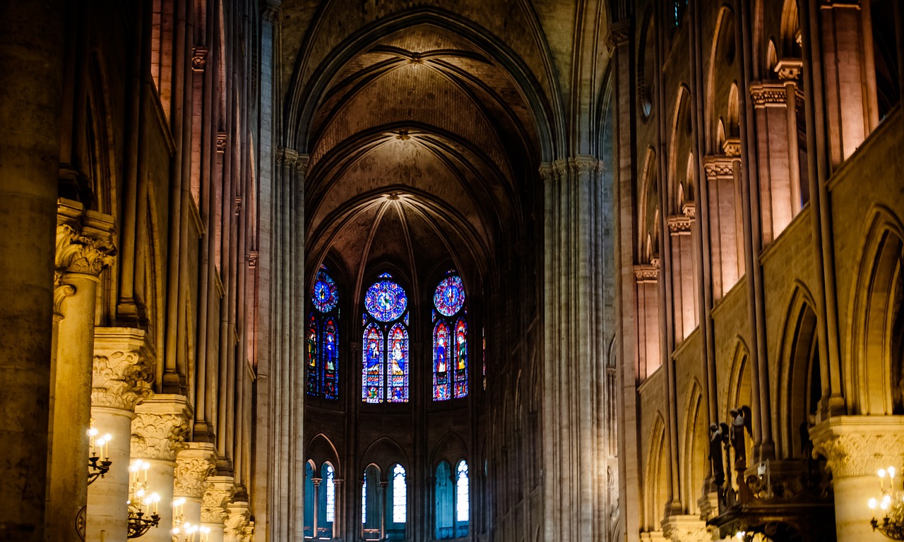 notre-dame columns stained glass windows free photo
