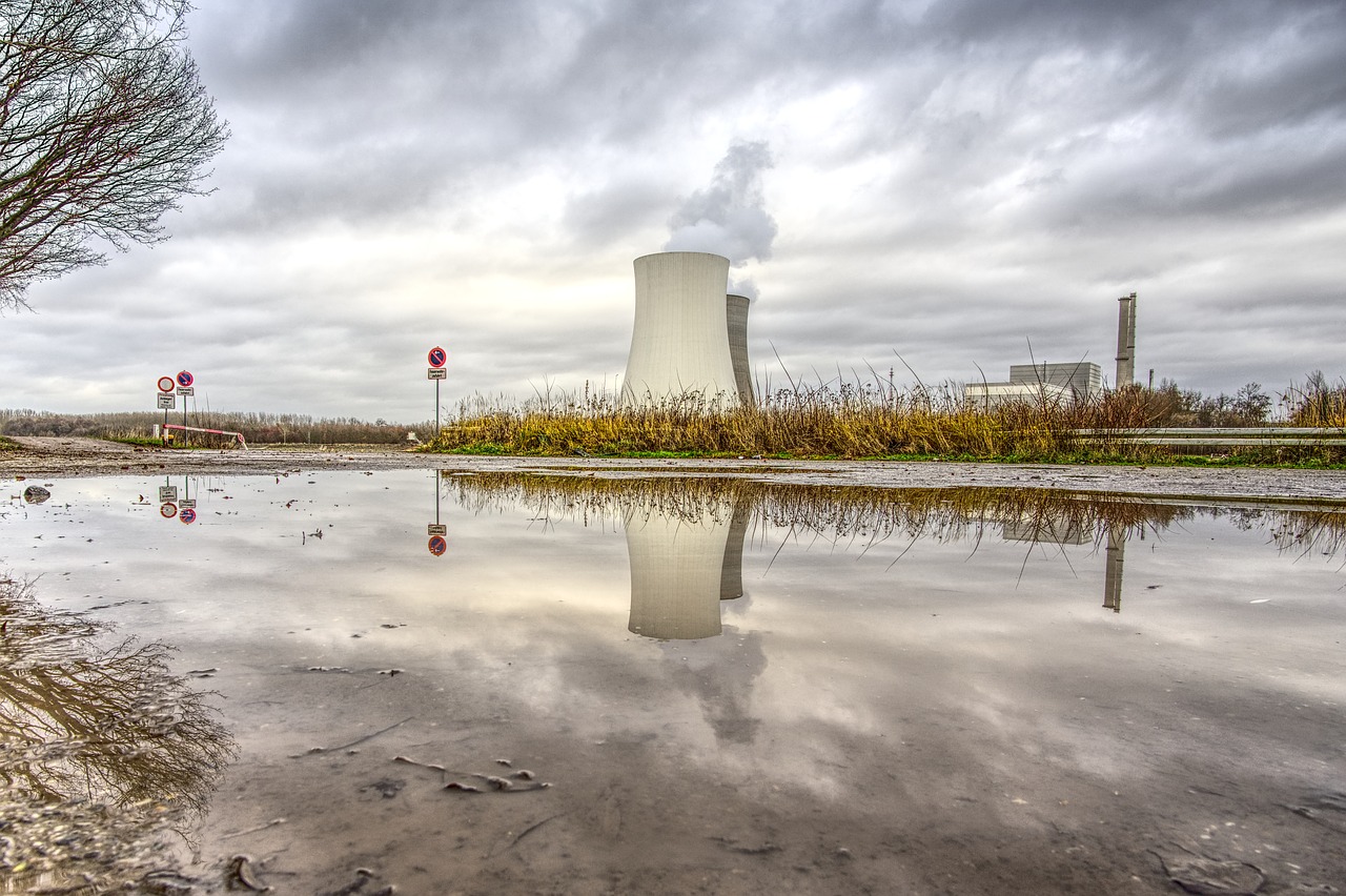 nuclear power plant  mirroring  puddle free photo