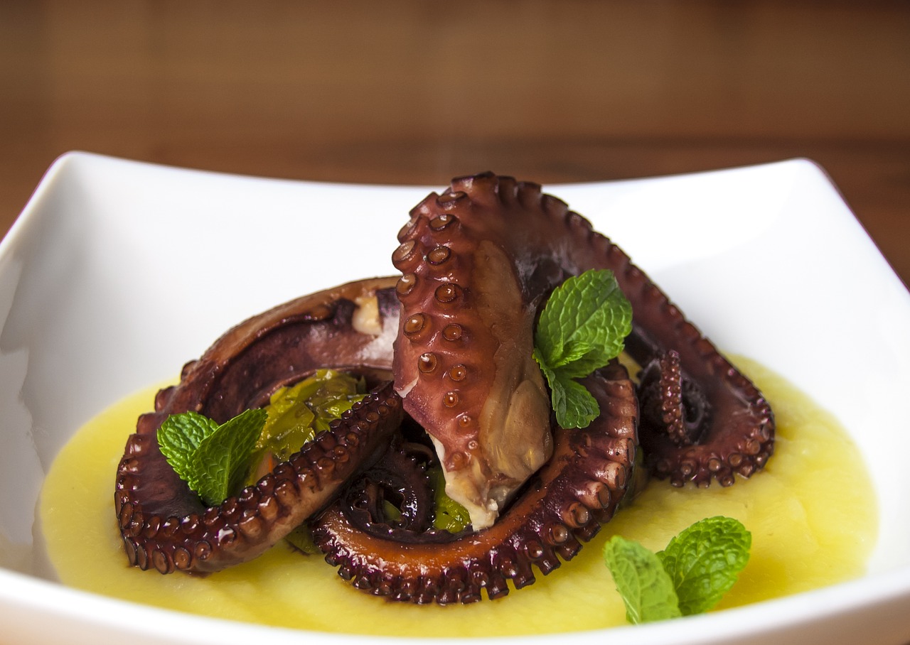 octopus potatoes mint free photo