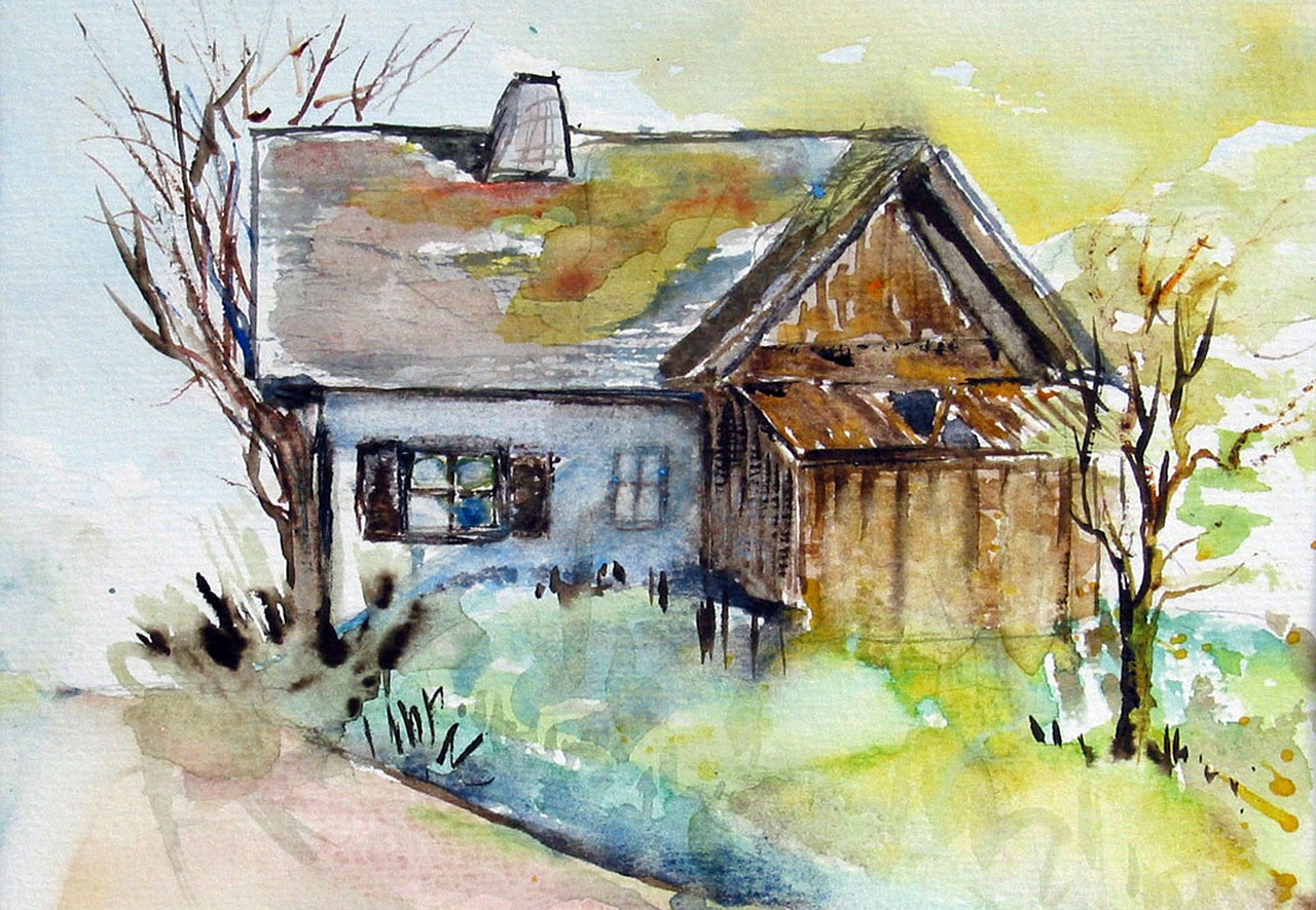 old house watercolour painting free photo