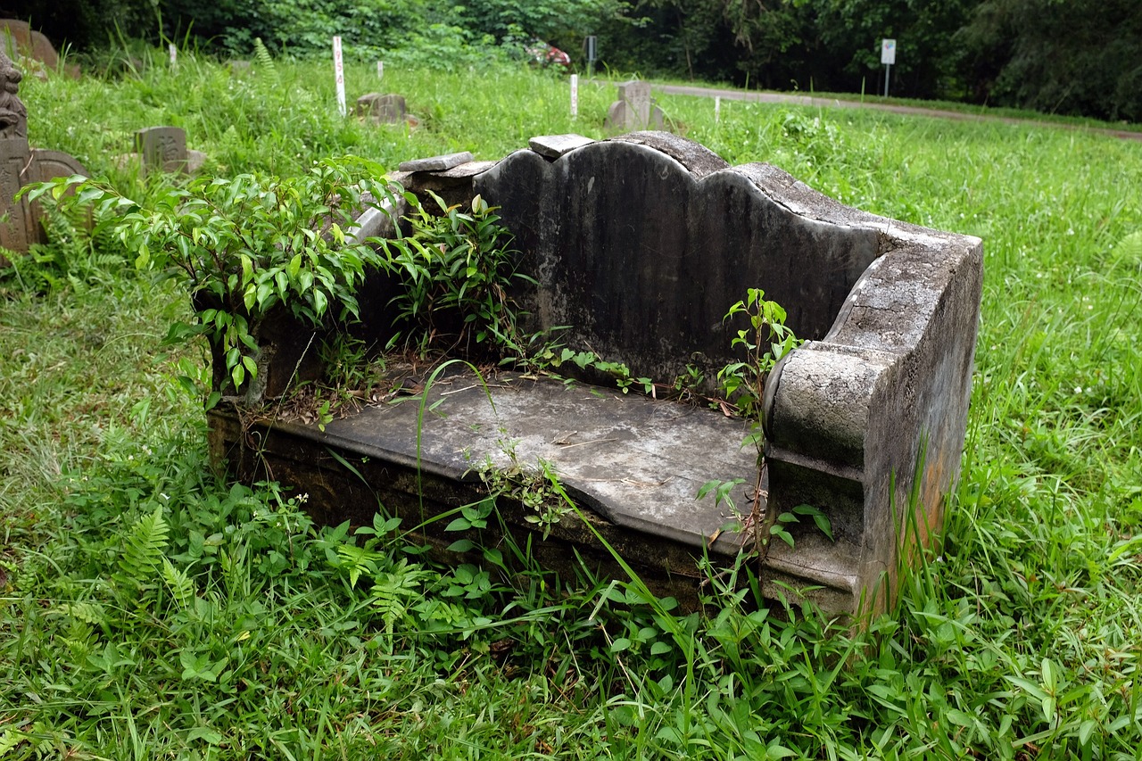 old stone bench abandoned cemetery double tomb free photo