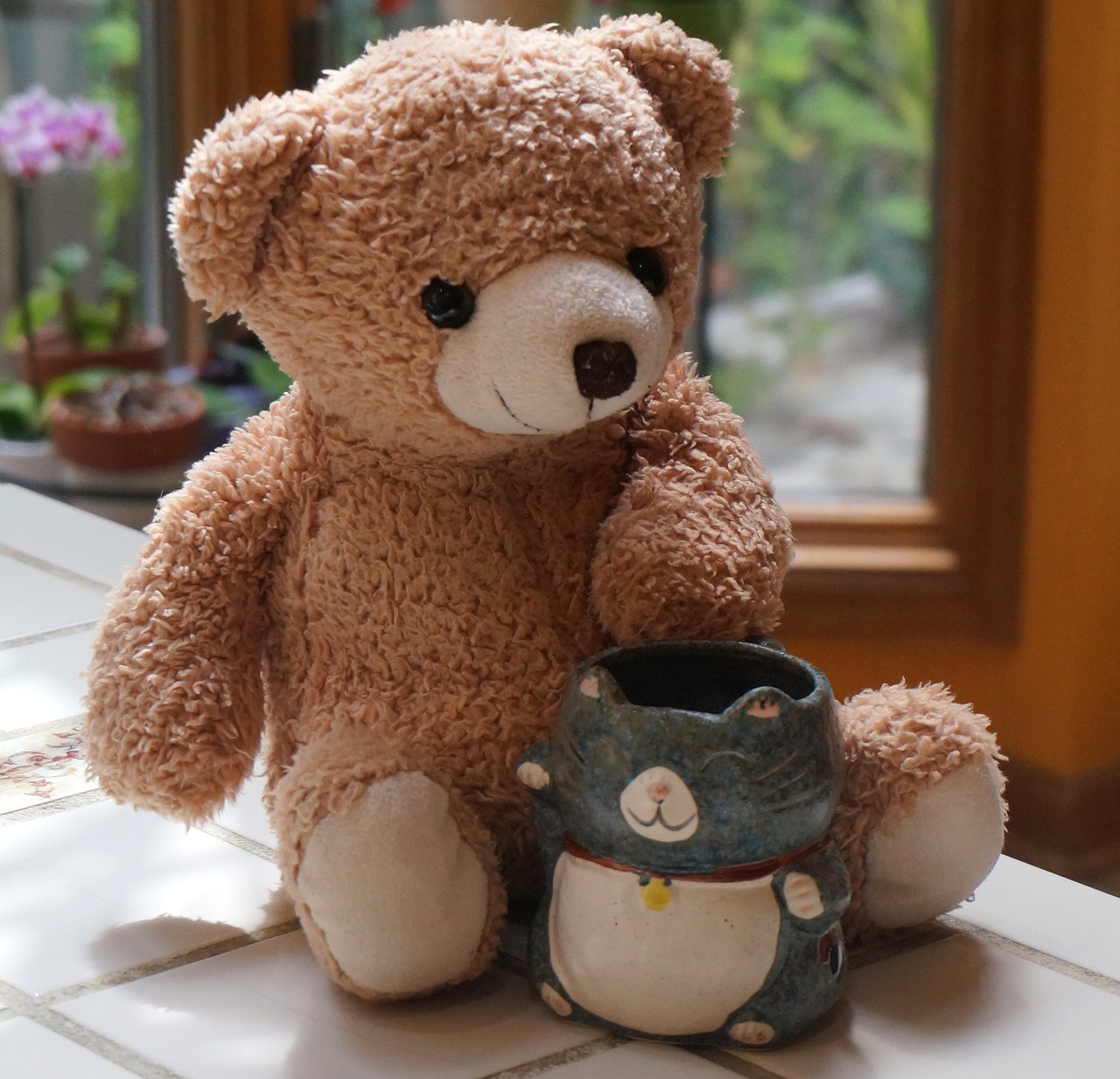 old teddy bear with mug teddy bear toy free photo