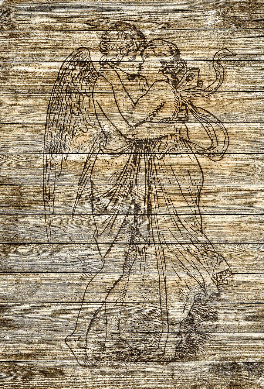 on wood cupid pair free photo