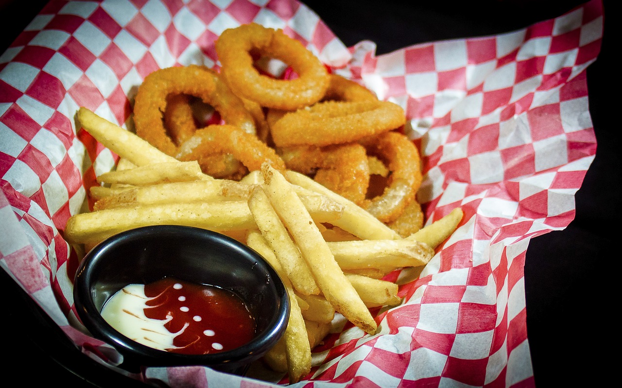onion rings  french fries  dips free photo