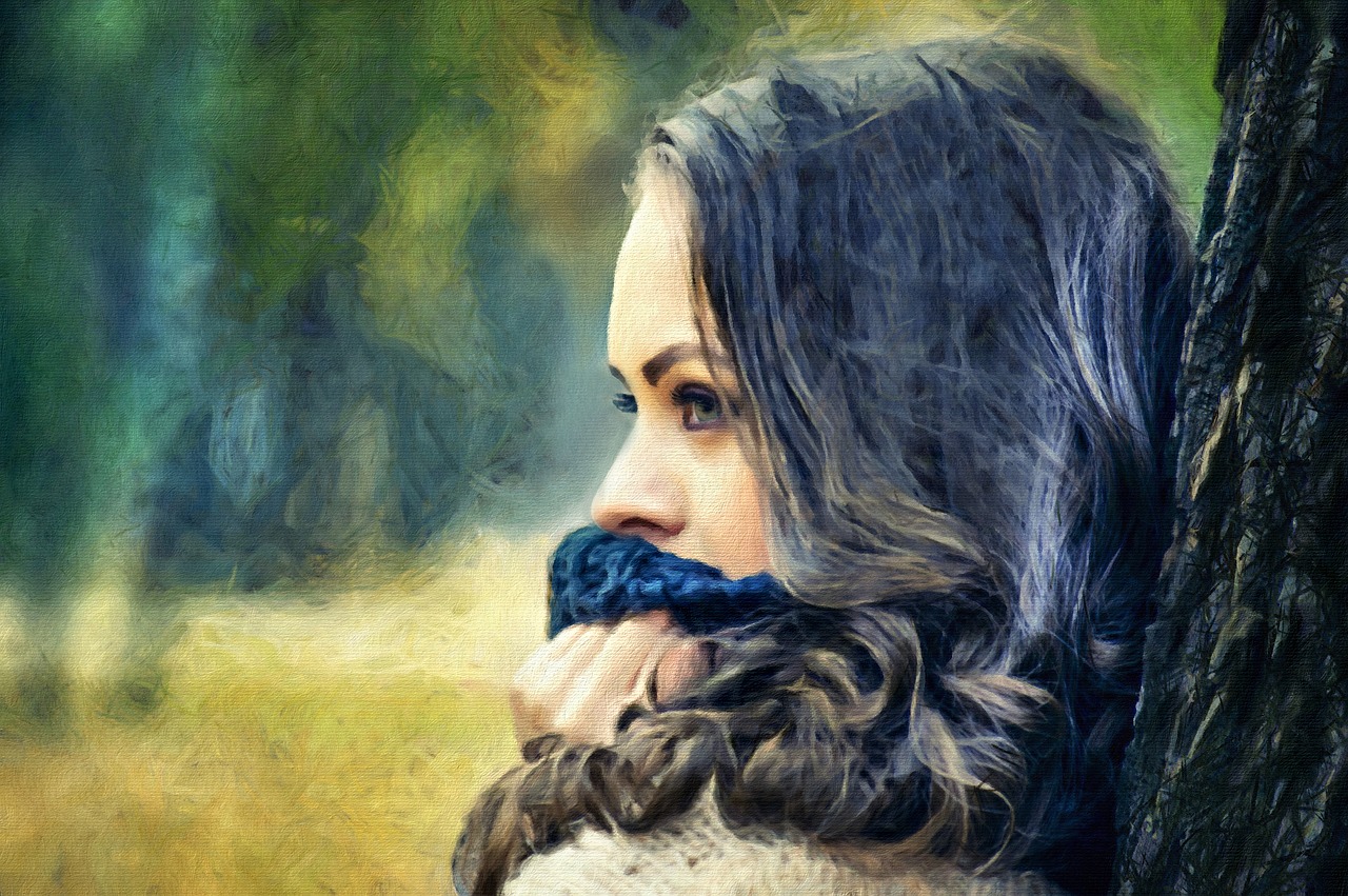 painting girl leaning on a tree girl with scarf free photo