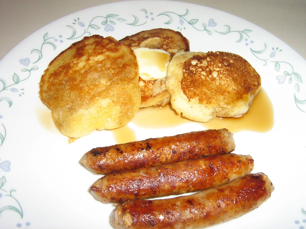 Download free photo of Pancakes,pork sausage,maple syrup,butter ...