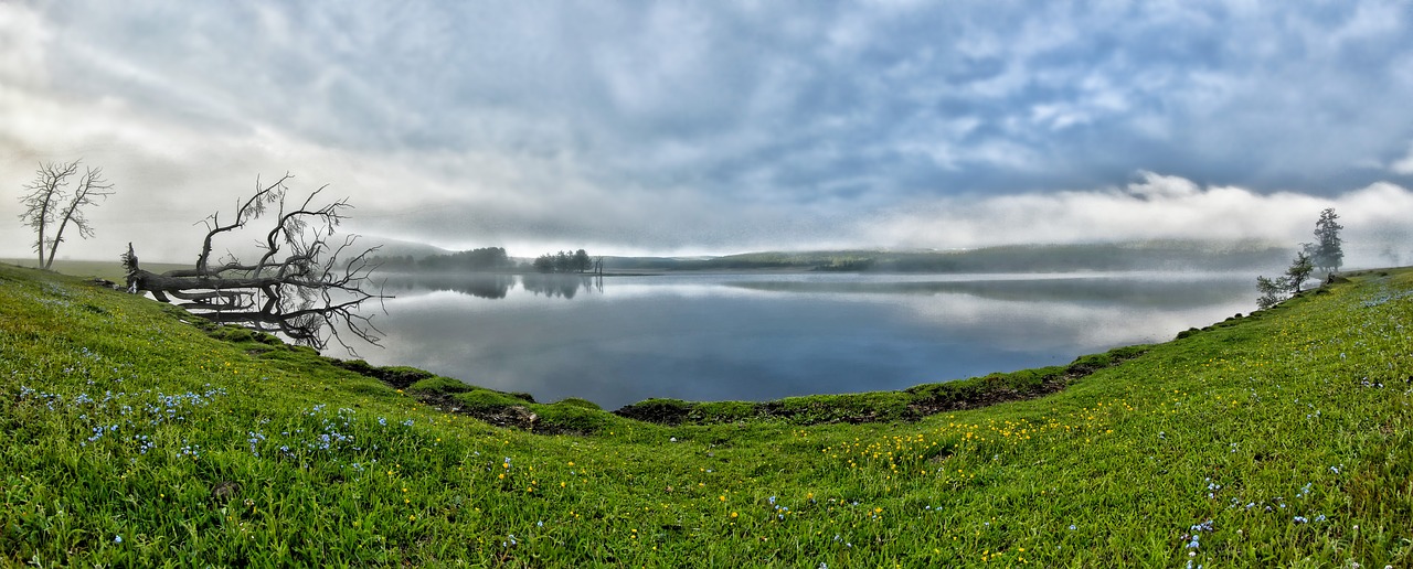 panoramic landscape a small lake morning mist free photo