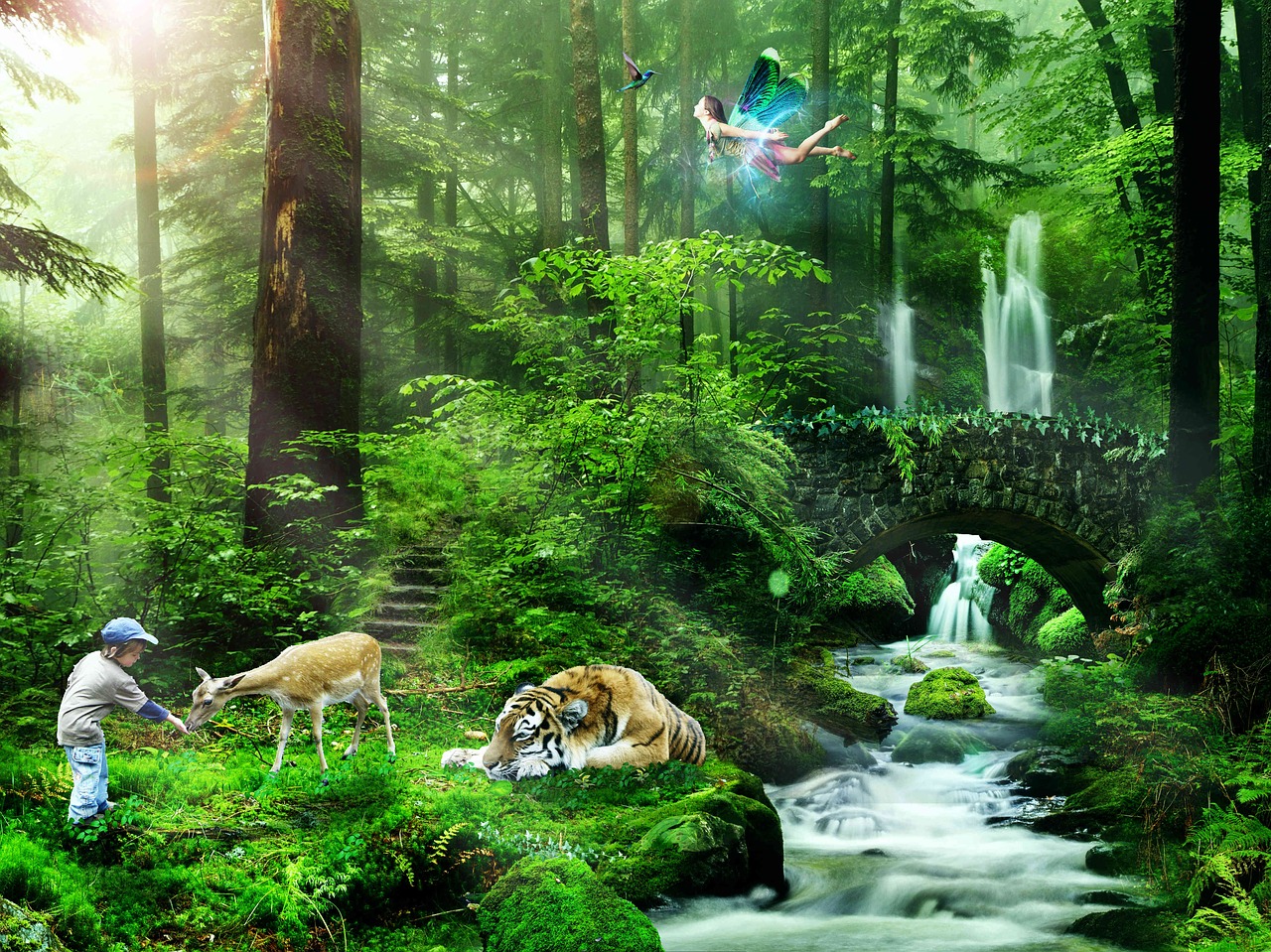 tropical rainforest waterfalls with animals
