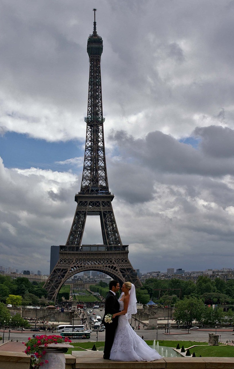 paris eiffel tower bride and groom free photo