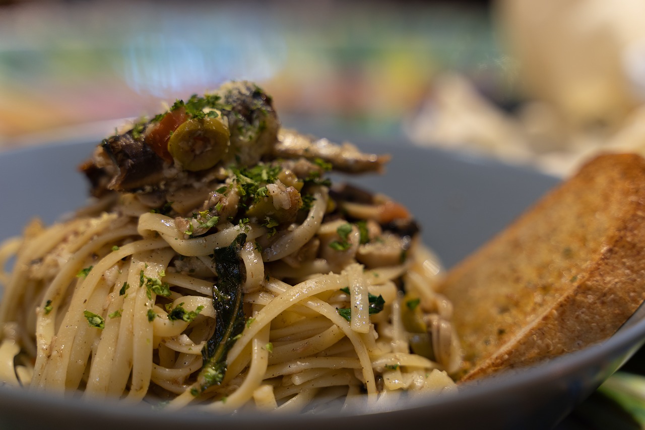 pasta  sardines  bread free photo