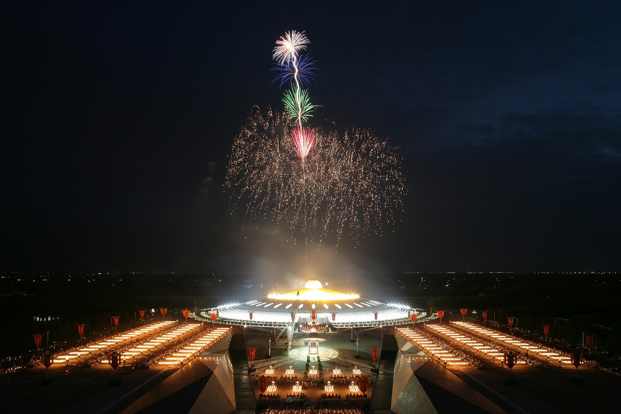 phra dhammakaya celebration fireworks free photo