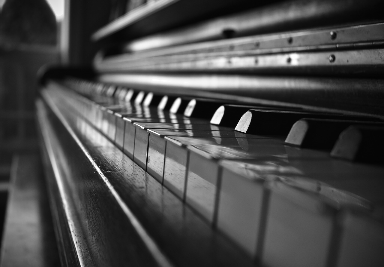 piano  black and white  depth free photo