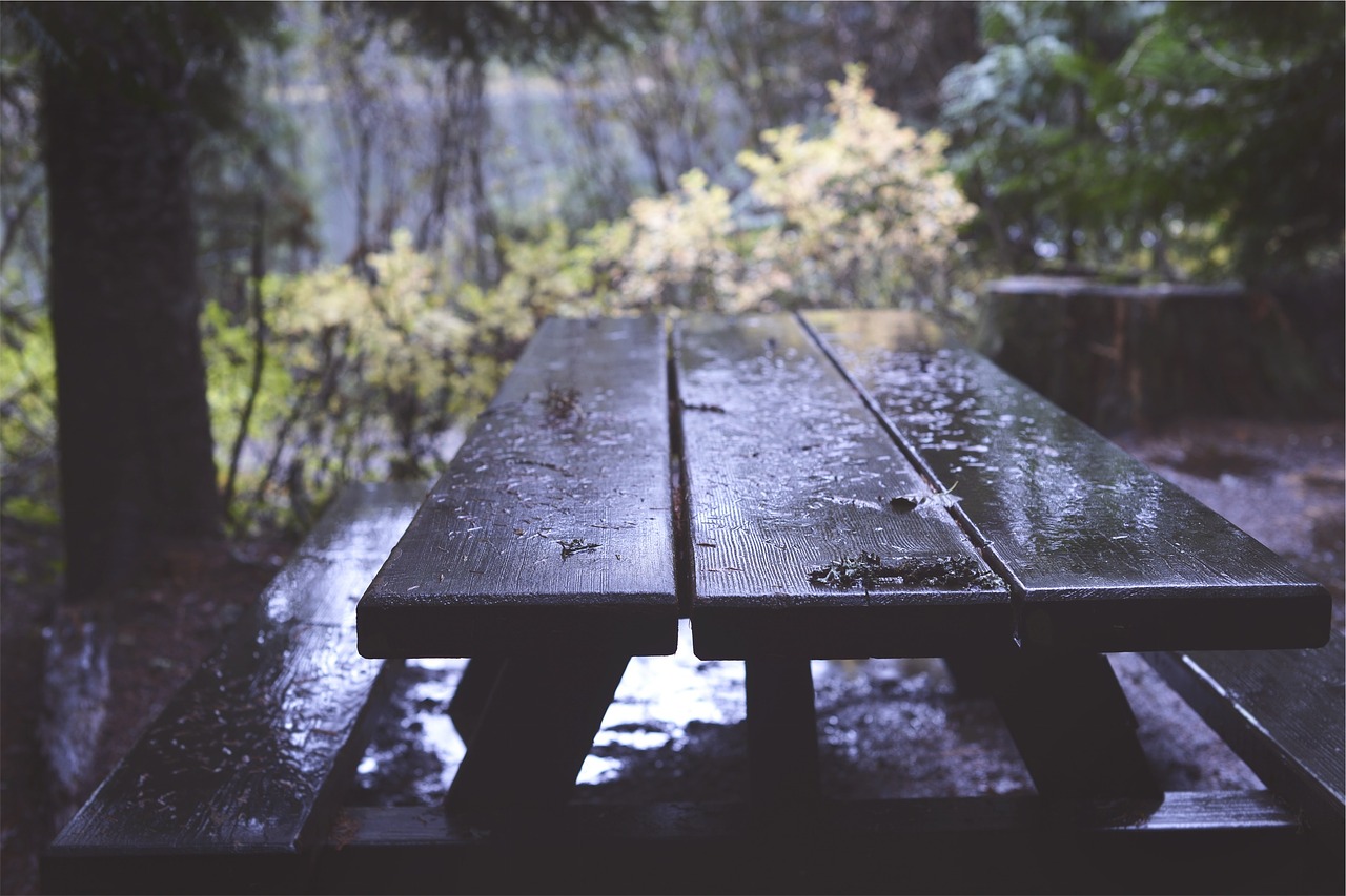 picnic table wood raining free photo