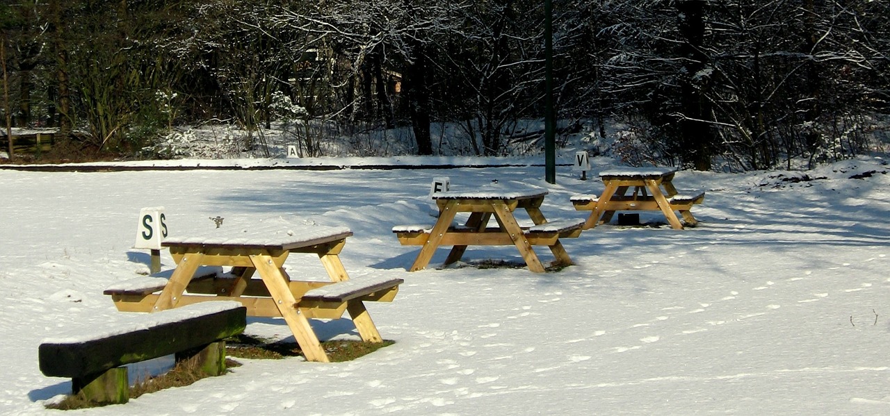 picnic tables winter snow free photo