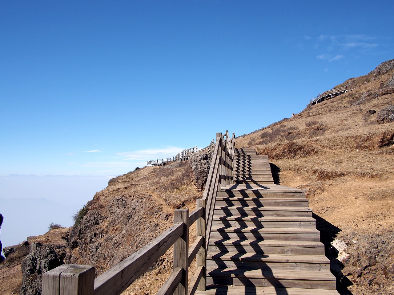 plank blue sky stairs free photo