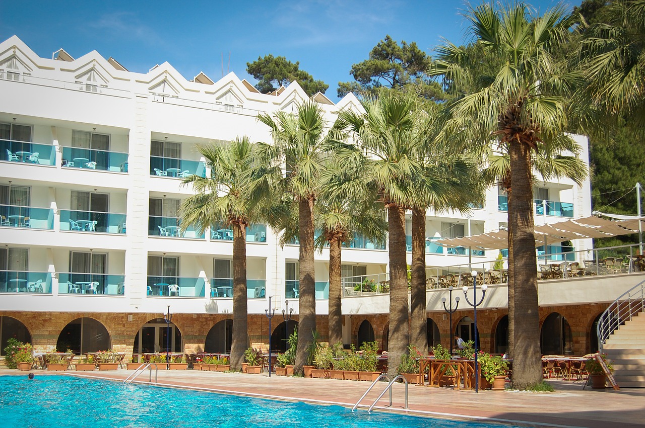 pool palm trees hotel free photo